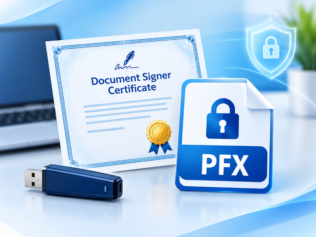 Document signer certificate with secure digital signing and PFX file protection
