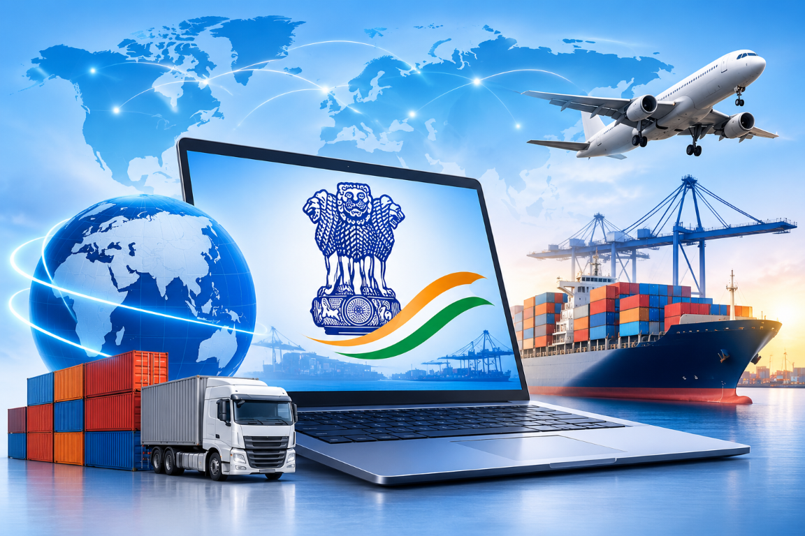 Indian customs ICEGATE trade registration with global shipping, cargo containers, and digital documentation